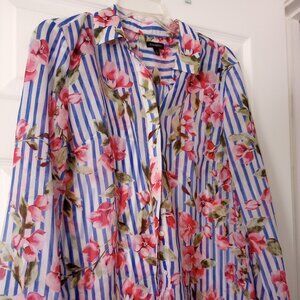Talbots Pink Floral & Blue Striped Semi-Sheer Button-Up Shirt - Medium